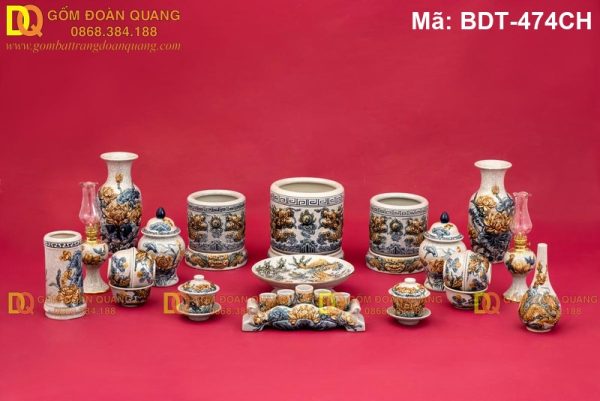 Bộ đồ thờ Bát Tràng men rạn đắp nổi mã BDT-474CH - Ảnh 2