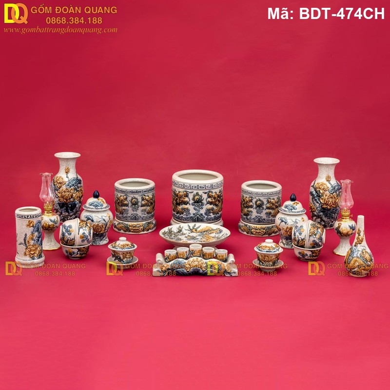 Bộ đồ thờ Bát Tràng men rạn đắp nổi mã BDT-474CH