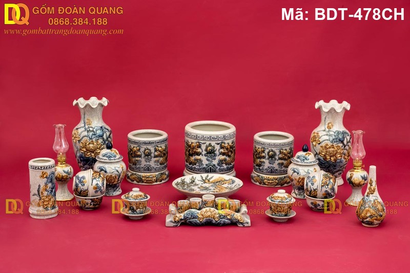 Bộ đồ thờ Bát Tràng men rạn đắp nổi mã BDT-478CH - Ảnh 2
