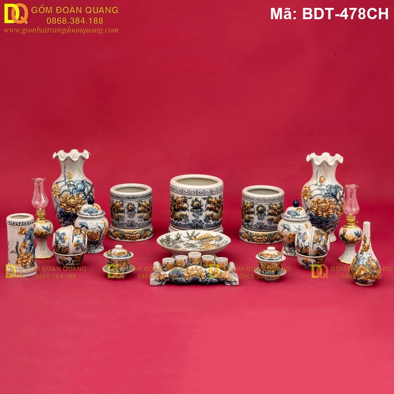 Bộ đồ thờ Bát Tràng men rạn đắp nổi mã BDT-478CH