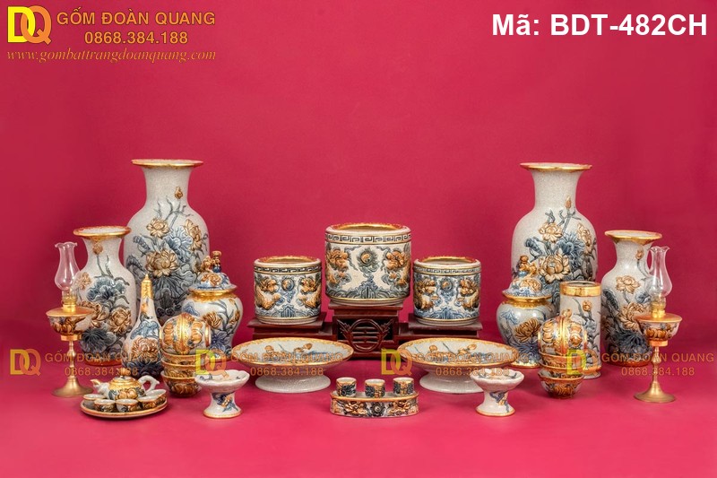 Bộ đồ thờ Bát Tràng men rạn nổi cao cấp mã BDT-482CH - Ảnh 2