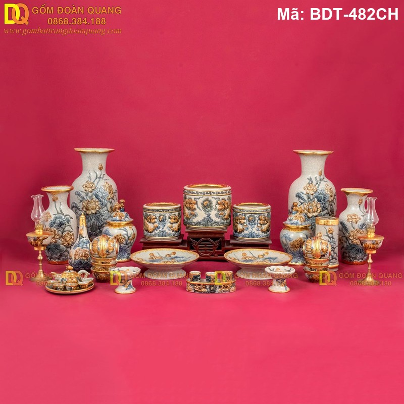 Bộ đồ thờ Bát Tràng men rạn nổi cao cấp mã BDT-482CH