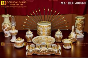 Bộ đồ thờ cơ bản dát vàng 1 bát hương Rồng mã BDT-005NT