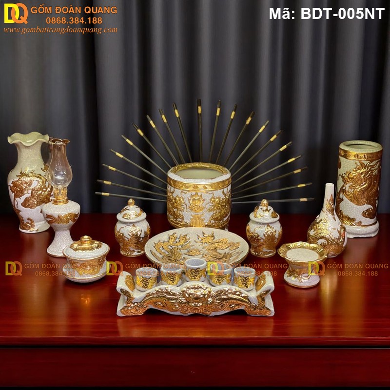 Bộ đồ thờ cơ bản dát vàng 1 bát hương Rồng mã BDT-005NT - Ảnh 2