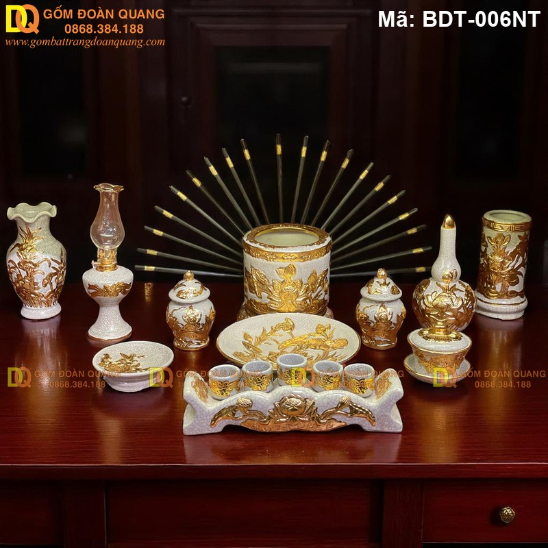 Bộ đồ thờ cơ bản dát vàng 1 bát hương Sen mã BDT-006NT - Ảnh 2