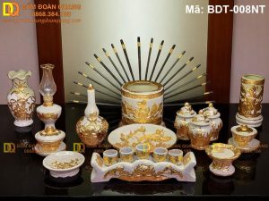Bộ đồ thờ cúng 1 bát hương dát vàng mẫu Sen mã BDT-008NT