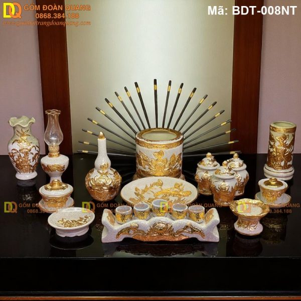 Bộ đồ thờ cúng 1 bát hương dát vàng mẫu Sen mã BDT-008NT - Ảnh 2