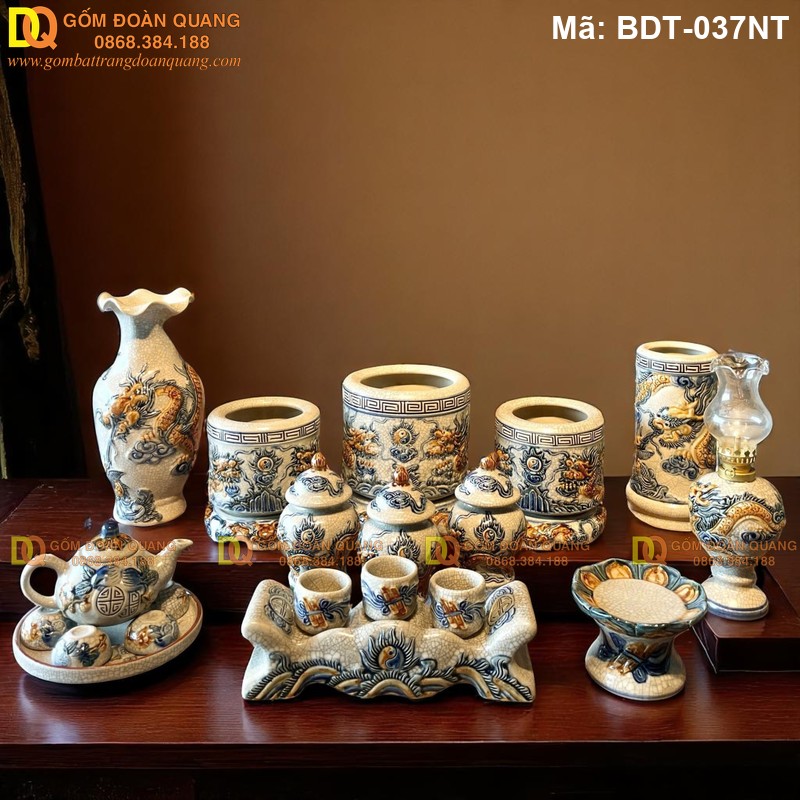 Bộ đồ thờ cúng 3 bát hương men rạn nổi mã BDT-037NT - Ảnh 2