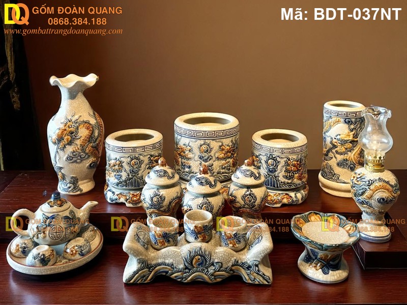 Bộ đồ thờ cúng 3 bát hương men rạn nổi mã BDT-037NT