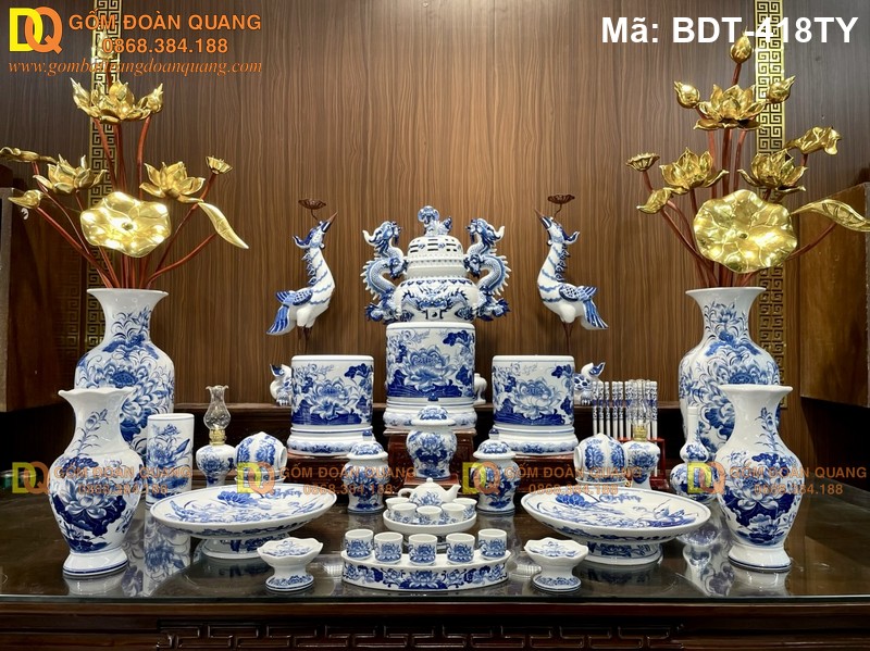 Bộ đồ thờ cúng 3 bát nhang men lam mã BDT-418TY