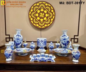 Bộ đồ thờ cúng bằng sứ men lam cao cấp mã BDT-391TY