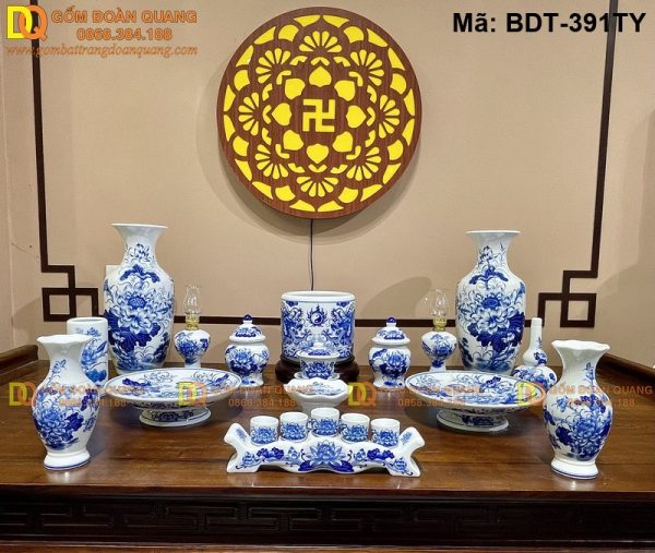 Bộ đồ thờ cúng bằng sứ men lam cao cấp mã BDT-391TY