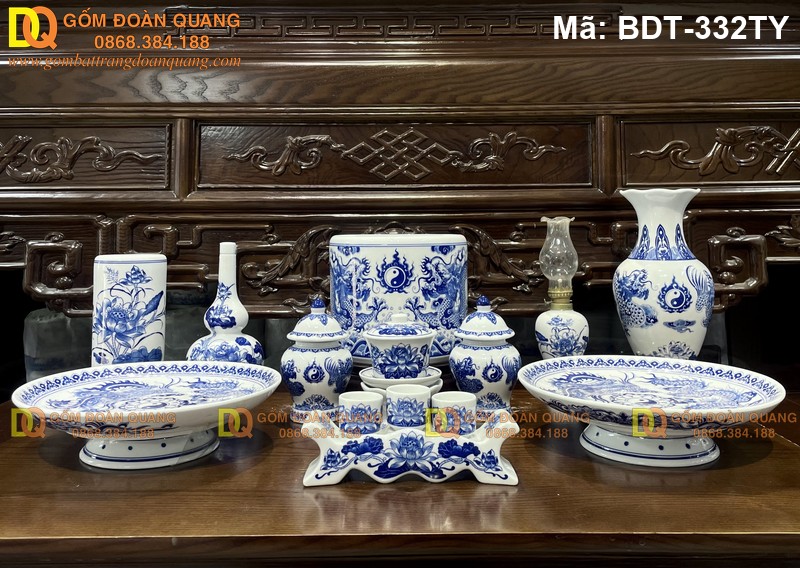 Bộ đồ thờ cúng bằng sứ men lam mã BDT-332TY
