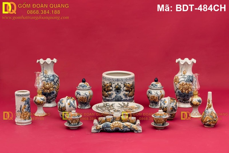 Bộ đồ thờ cúng Bát Tràng đẹp cho bàn thờ 1m97 mã BDT-484CH - Ảnh 2