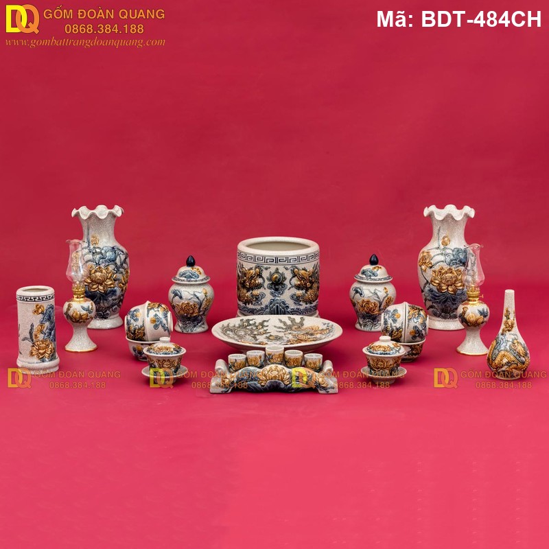 Bộ đồ thờ cúng Bát Tràng đẹp cho bàn thờ 1m97 mã BDT-484CH