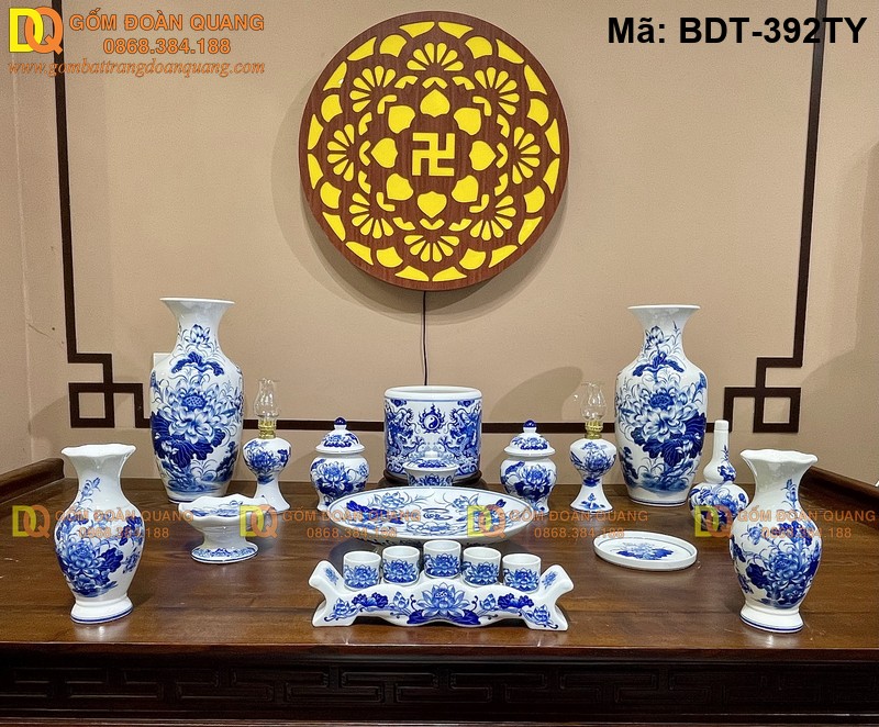 Bộ đồ thờ cúng Bát Tràng men lam cổ mã BDT-392TY