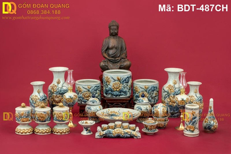 Bộ đồ thờ cúng Bát Tràng men rạn cao cấp mã BDT-487CH - Ảnh 2