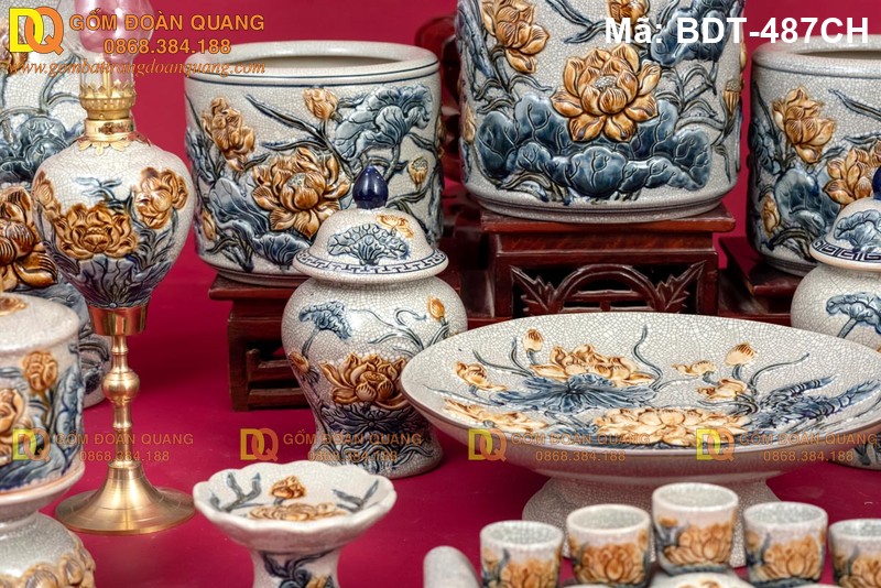 Bộ đồ thờ cúng Bát Tràng men rạn cao cấp mã BDT-487CH - Ảnh 3
