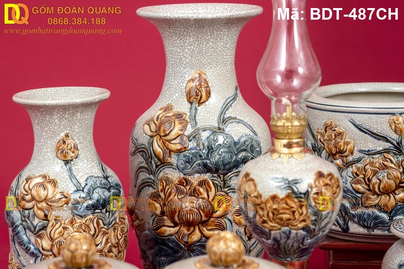 Bộ đồ thờ cúng Bát Tràng men rạn cao cấp mã BDT-487CH - Ảnh 4