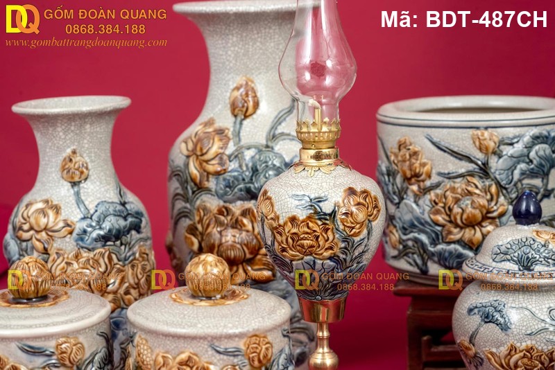 Bộ đồ thờ cúng Bát Tràng men rạn cao cấp mã BDT-487CH - Ảnh 5