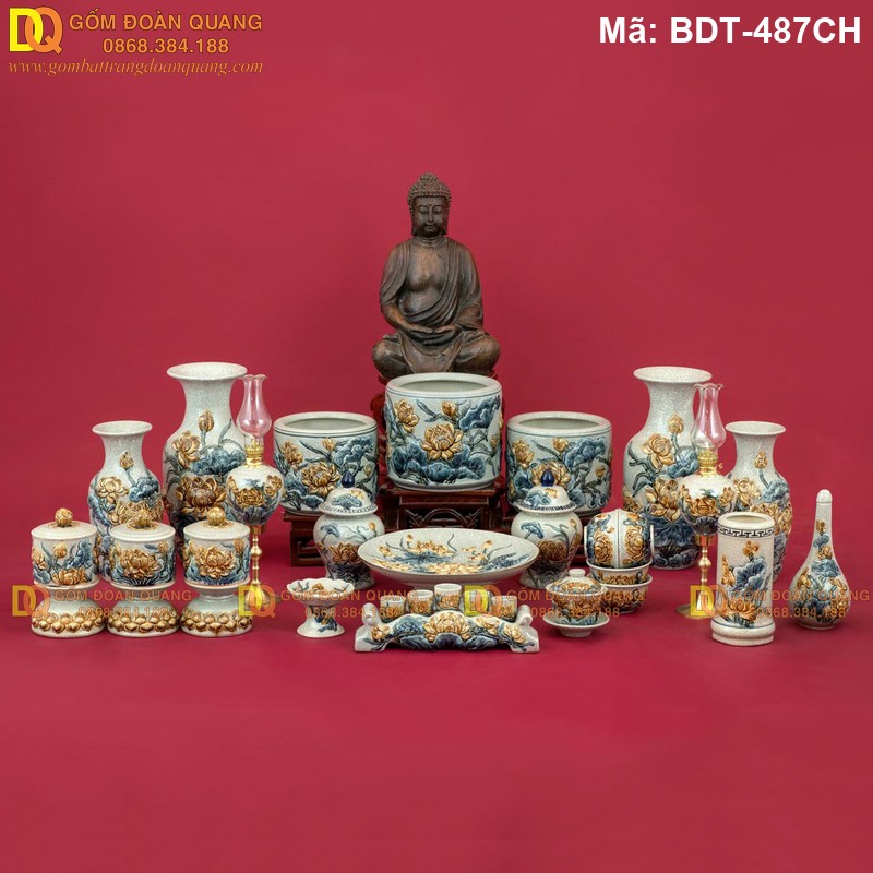 Bộ đồ thờ cúng Bát Tràng men rạn cao cấp mã BDT-487CH