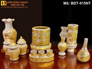 Bộ đồ thờ cúng gia tiên cơ bản cảnh Rồng mạ vàng mã BDT-015NT