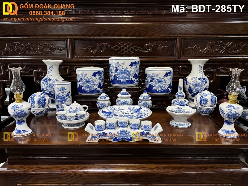 Bộ đồ thờ cúng gia tiên men lam bát hương Sen mã BDT-285TY