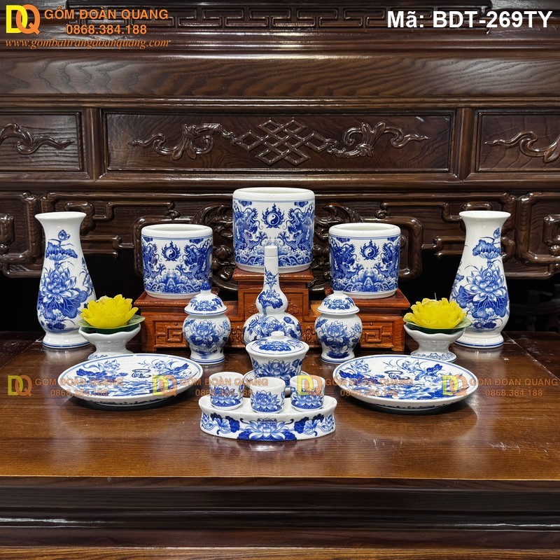 Bộ đồ thờ cúng men xanh lam đẹp mã BDT-269TY