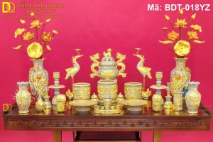 Bộ đồ thờ đầy đủ mạ vàng cao cấp cảnh Rồng mã BDT-018YZ