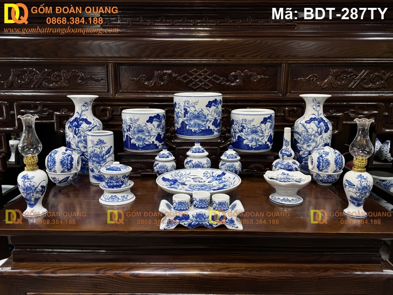 Bộ đồ thờ đầy đủ men lam cho bàn thờ 1m55 mã BDT-287TY