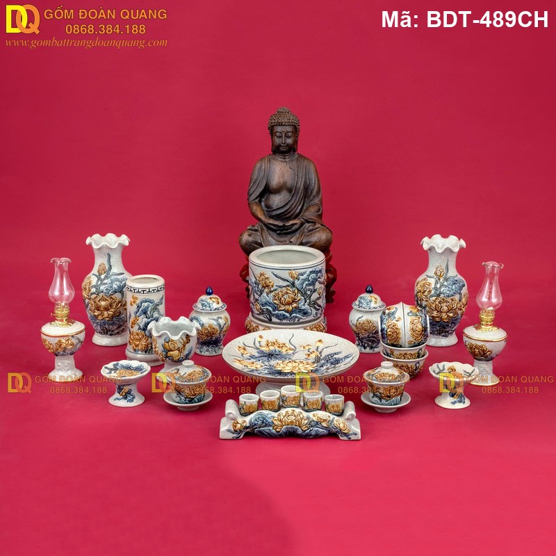 Bộ đồ thờ đủ món men rạn đắp nổi của Bát Tràng chính hãng mã BDT-489CH
