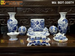 Bộ đồ thờ gia tiên bằng sứ màu xanh lam mã BDT-335TY