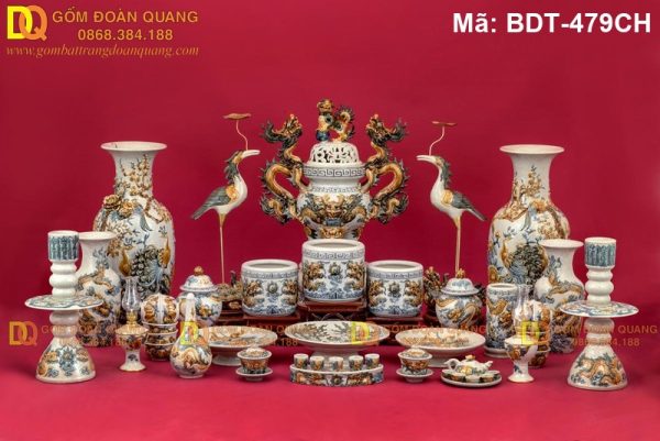 Bộ đồ thờ gia tiên đắp nổi tinh xảo mã BDT-479CH - Ảnh 2