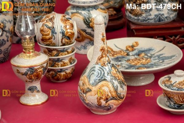 Bộ đồ thờ gia tiên đắp nổi tinh xảo mã BDT-479CH - Ảnh 4