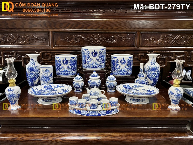 Bộ đồ thờ gia tiên men lam mã BDT-279TY