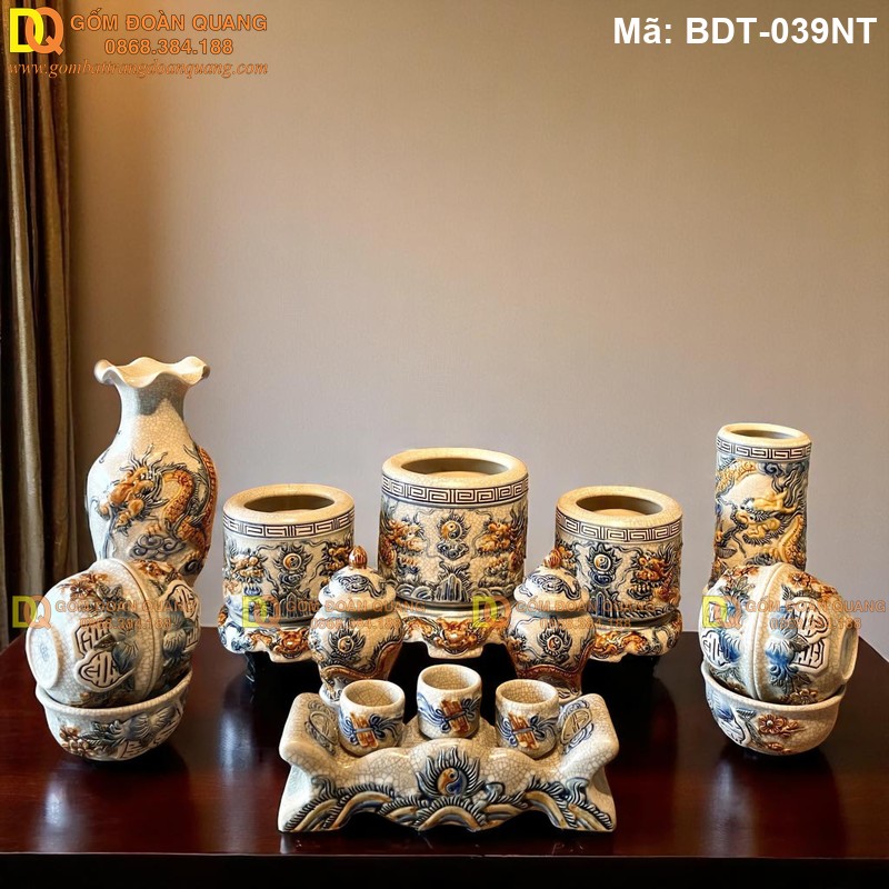 Bộ đồ thờ gốm Bát Tràng giả cổ mã BDT-039NT - Ảnh 2