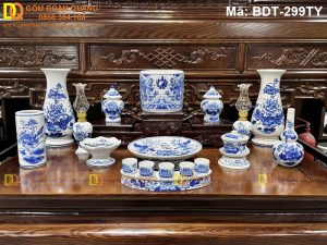Bộ đồ thờ gốm Bát Tràng giá rẻ men lam mã BDT-299TY