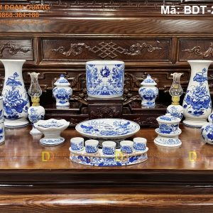 Bộ đồ thờ gốm Bát Tràng giá rẻ men lam mã BDT-299TY