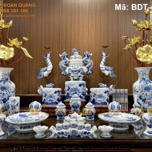 Bộ đồ thờ gốm Bát Tràng men lam cổ mã BDT-411TY