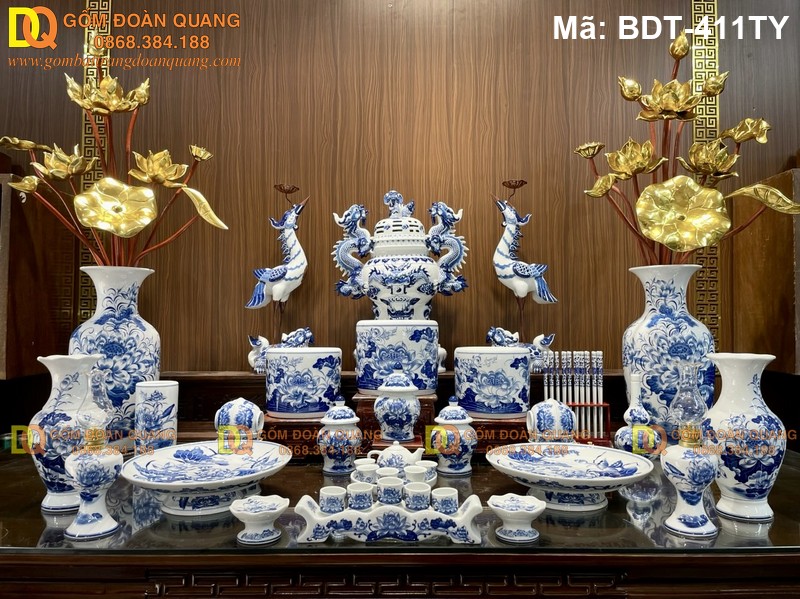 Bộ đồ thờ gốm Bát Tràng men lam cổ mã BDT-411TY