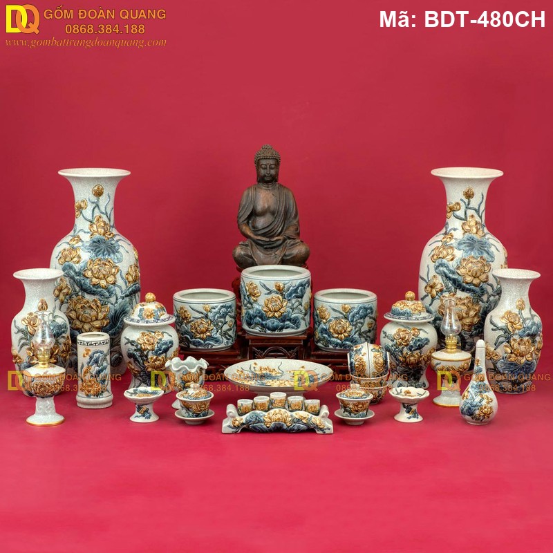 Bộ đồ thờ gốm Bát Tràng phong cách cổ mã BDT-480CH