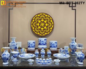 Bộ đồ thờ gốm Bát Tràng vẽ tay cảnh Sen mã BDT-362TY