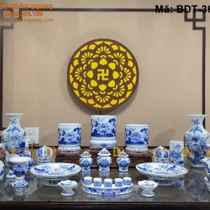 Bộ đồ thờ gốm Bát Tràng vẽ tay cảnh Sen mã BDT-362TY