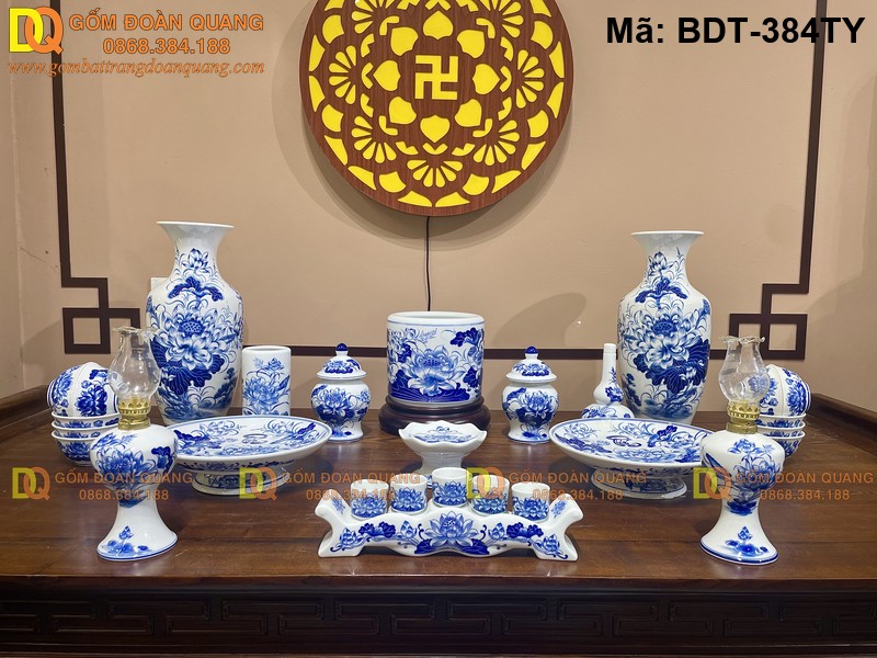 Bộ đồ thờ gốm sứ Bát Tràng men lam cổ mã BDT-384TY