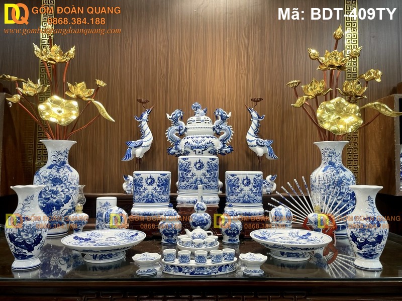 Bộ đồ thờ gốm sứ men lam họa tiết sen mã BDT-409TY