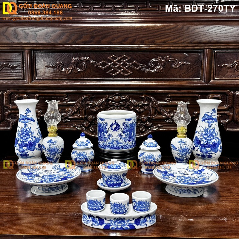 Bộ đồ thờ men lam 1 bát hương mã BDT-270TY
