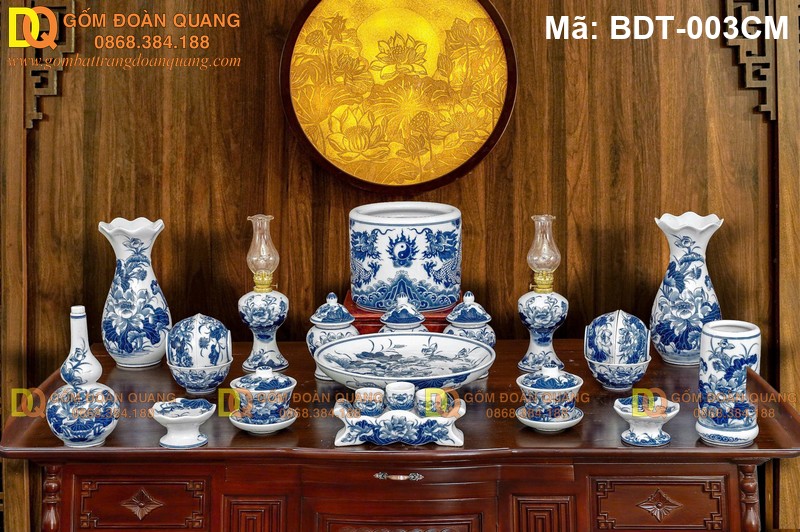 Bộ đồ thờ men lam 1 bát hương Rồng mã BDT-003CM