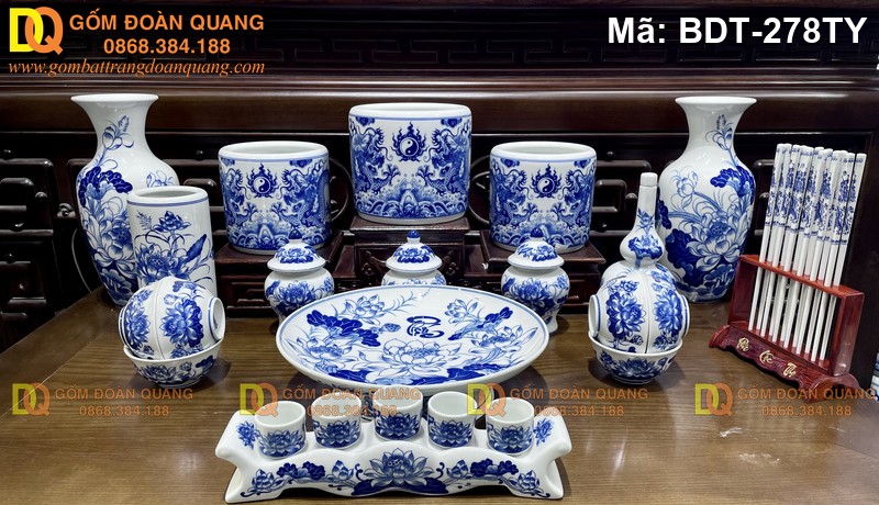 Bộ đồ thờ men lam Bát Tràng mã BDT-278TY