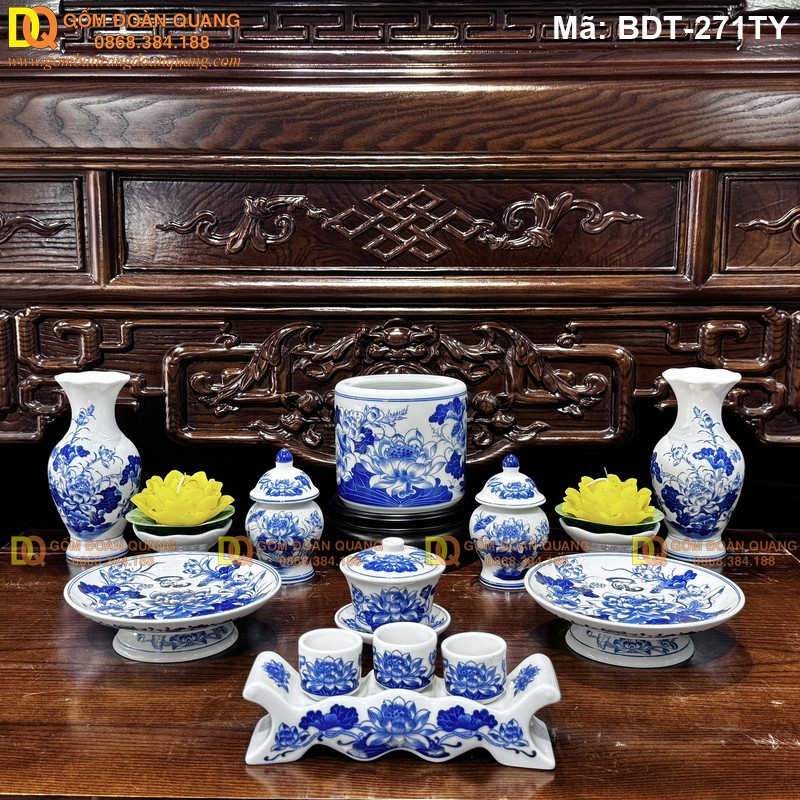 Bộ đồ thờ men xanh lam vẽ Sen cho bàn thờ Phật mã BDT-271TY