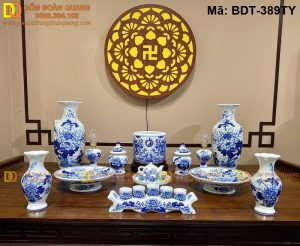 Bộ đồ thờ sứ Bát Tràng men lam cổ điển mã BDT-389TY